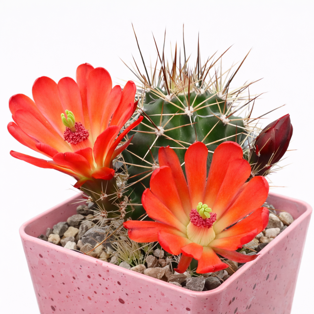 Echinocereus roemeri cactus with bright red-orange flowers in pink speckled pot
