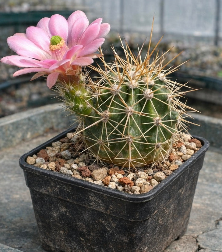 Cactus Echinocereus rosei con fiore rosa e spine lunghe in vaso nero