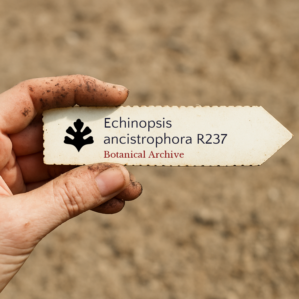 Printed plant label for Echinopsis ancistrophora R237 held by dirty hand outdoors