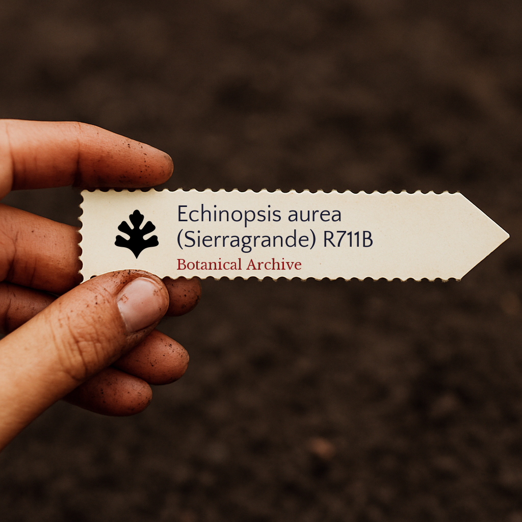 Printed plant label for Echinopsis aurea (Sierragrande) held over soil background