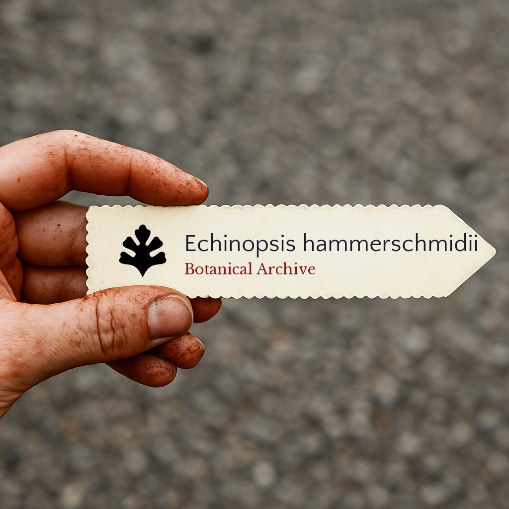 Etichetta stampata per pianta di Echinopsis hammerschmidii tenuta in mano con sfondo di terra