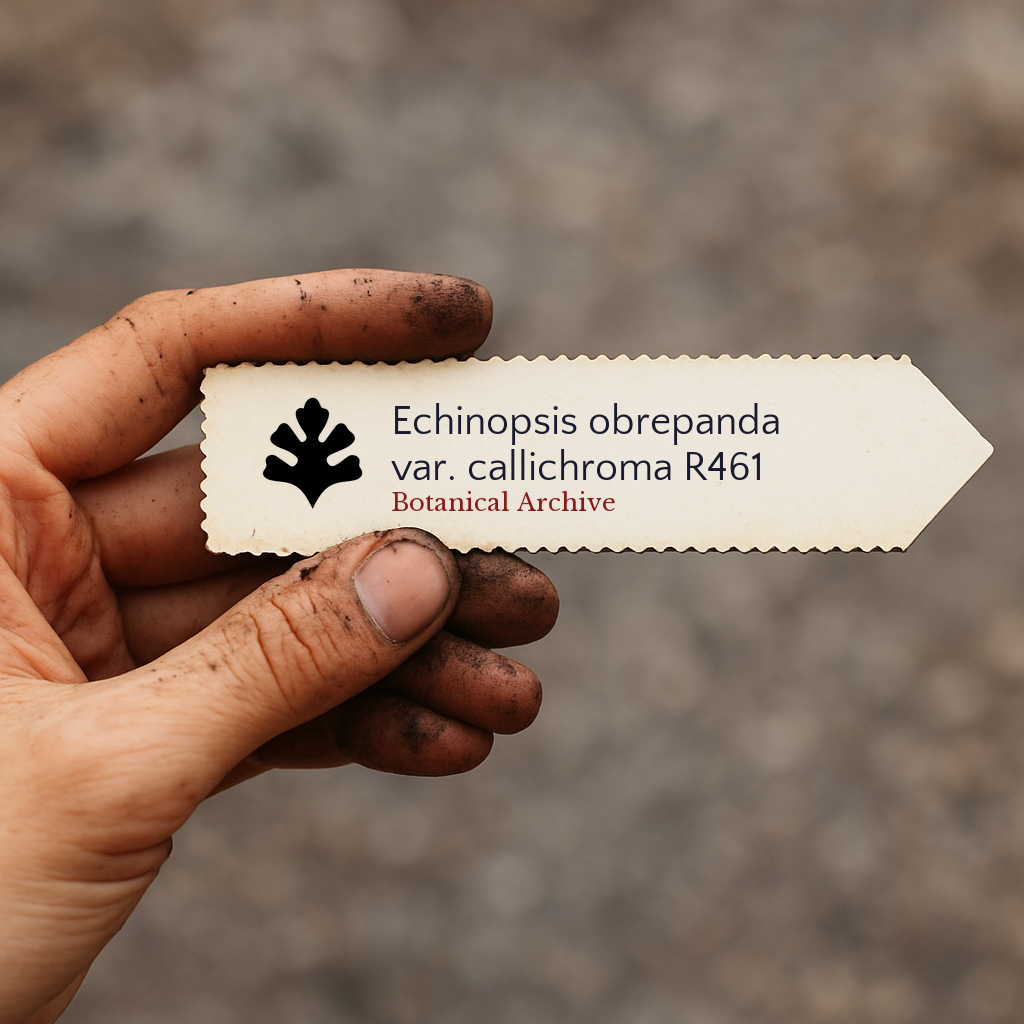Etichetta per pianta stampata per Echinopsis obrepanda var. callichroma R461 tenuta da mano sporca