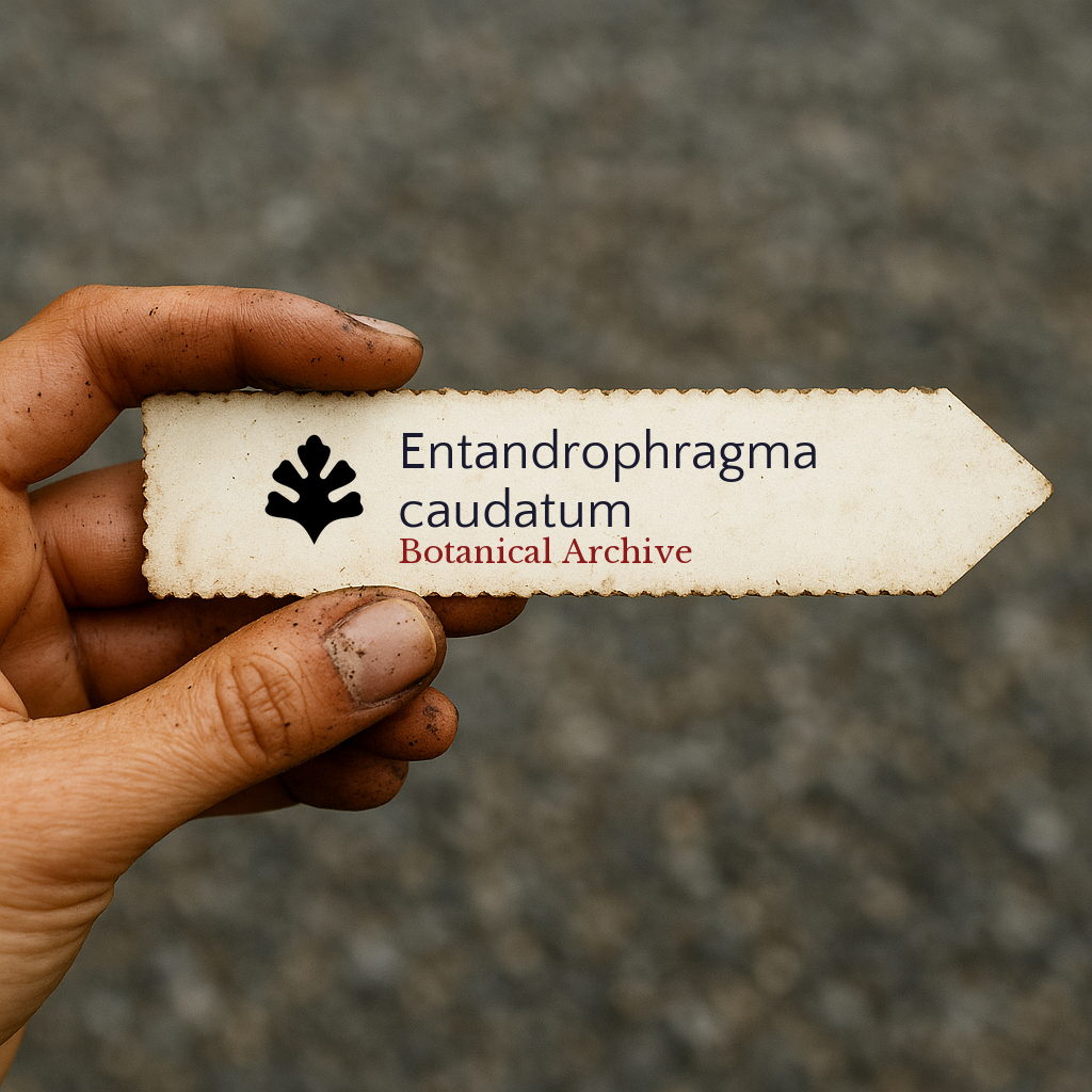 Printed plant label for Entandrophragma caudatum held in dirty hand outdoors