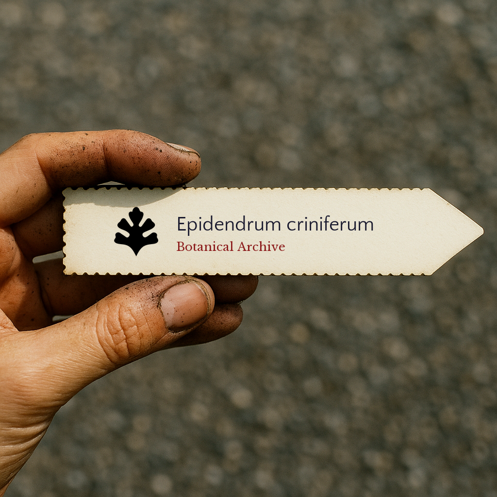 Printed plant label for Epidendrum criniferum held by hand with dirt background
