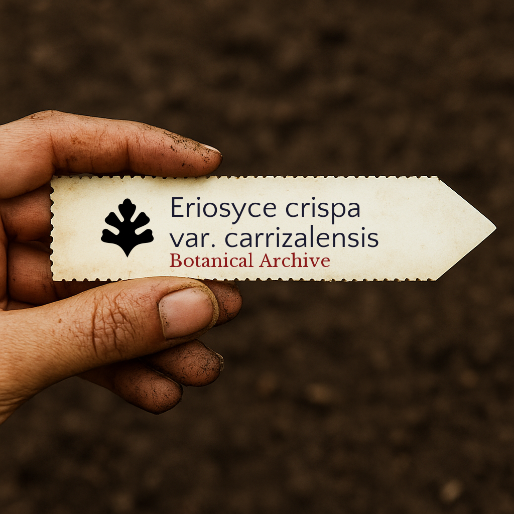 Printed plant label for Eriosyce crispa var. carrizalensis held over soil background