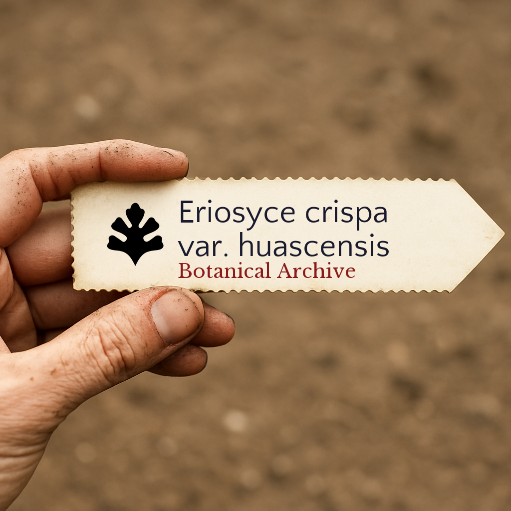 Printed plant label for Eriosyce crispa var. huascensis held by hand over soil background