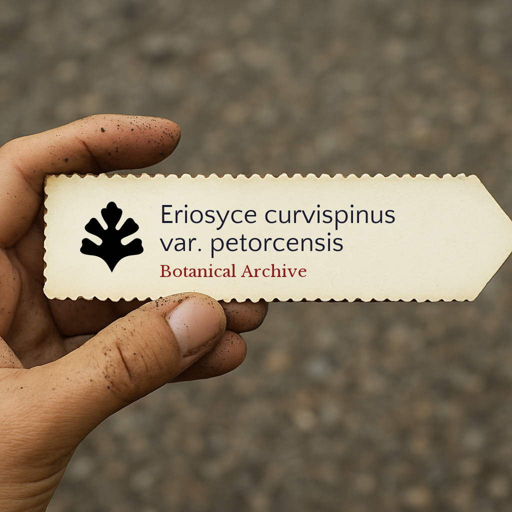 Printed plant label for Eriosyce curvispinus var. petorcensis held in hand with soil dirt