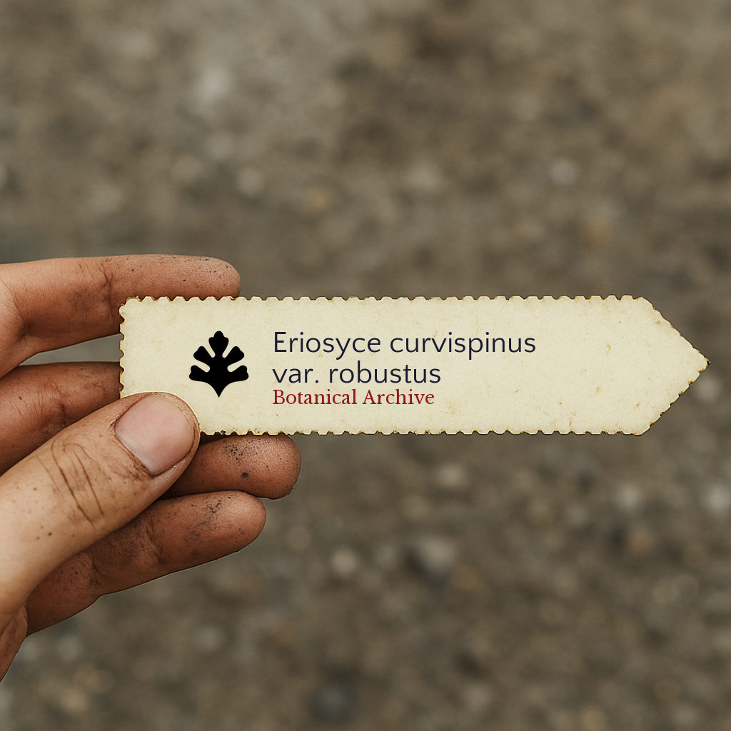 Printed plant label for Eriosyce curvispinus var. robustus held by dirty hand outdoors