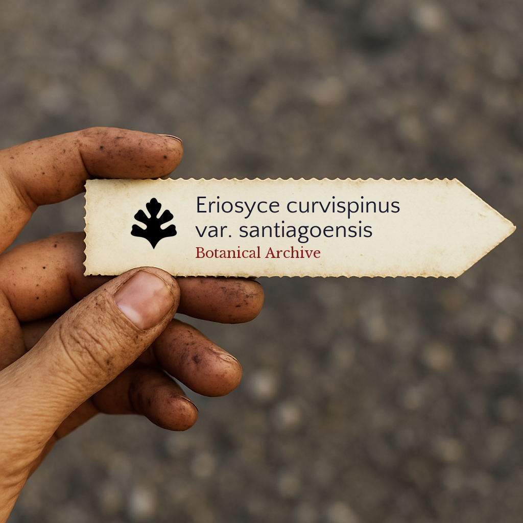 Printed plant label for Eriosyce curvispinus var. santiagoensis held by dirty hand outdoors