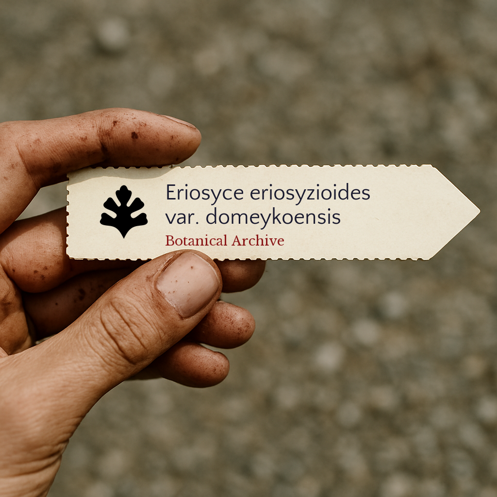Printed plant label for Eriosyce eriosyzioides var. domeykoensis held by dirty hand outdoors