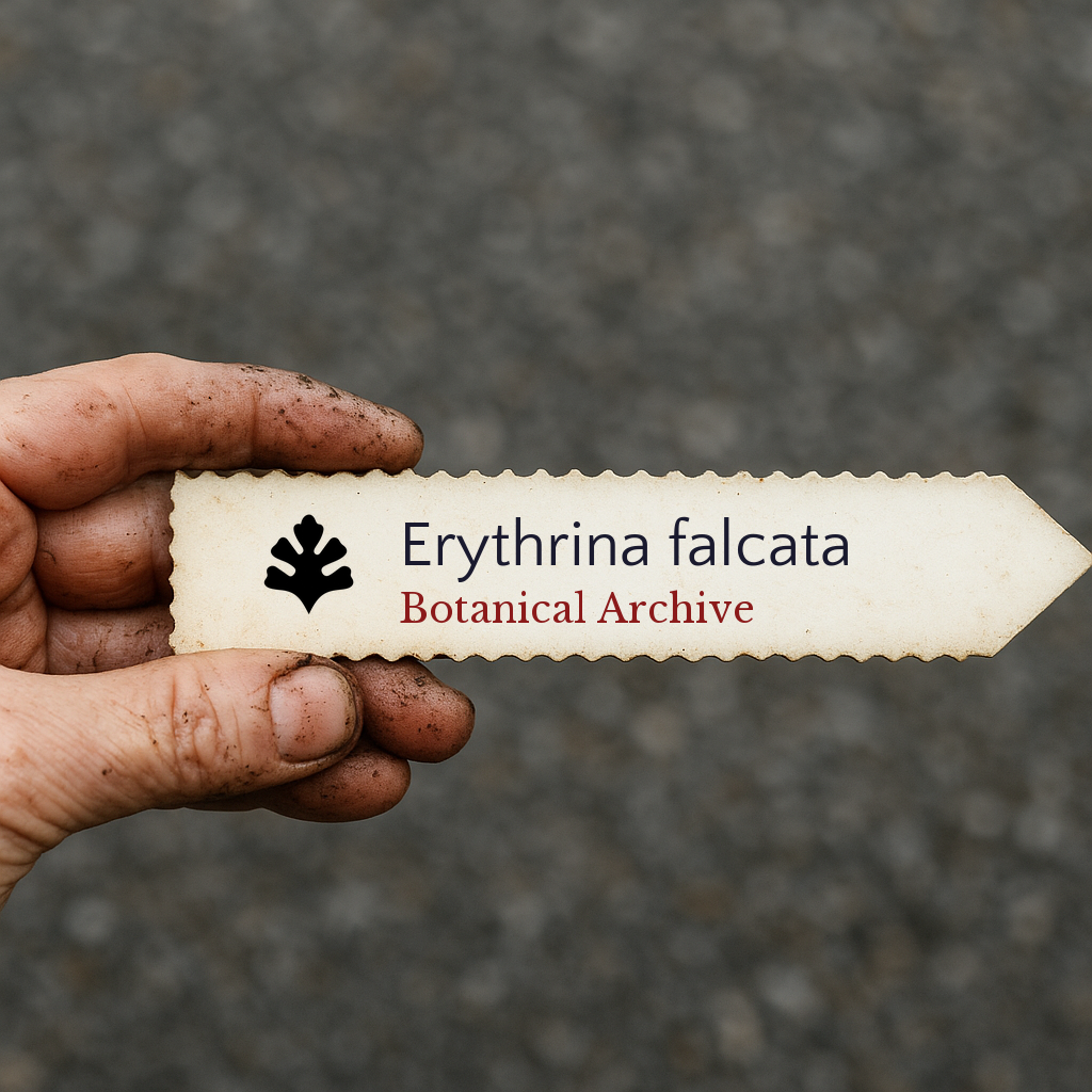 Printed plant label for Erythrina falcata held by dirty hand on gray background
