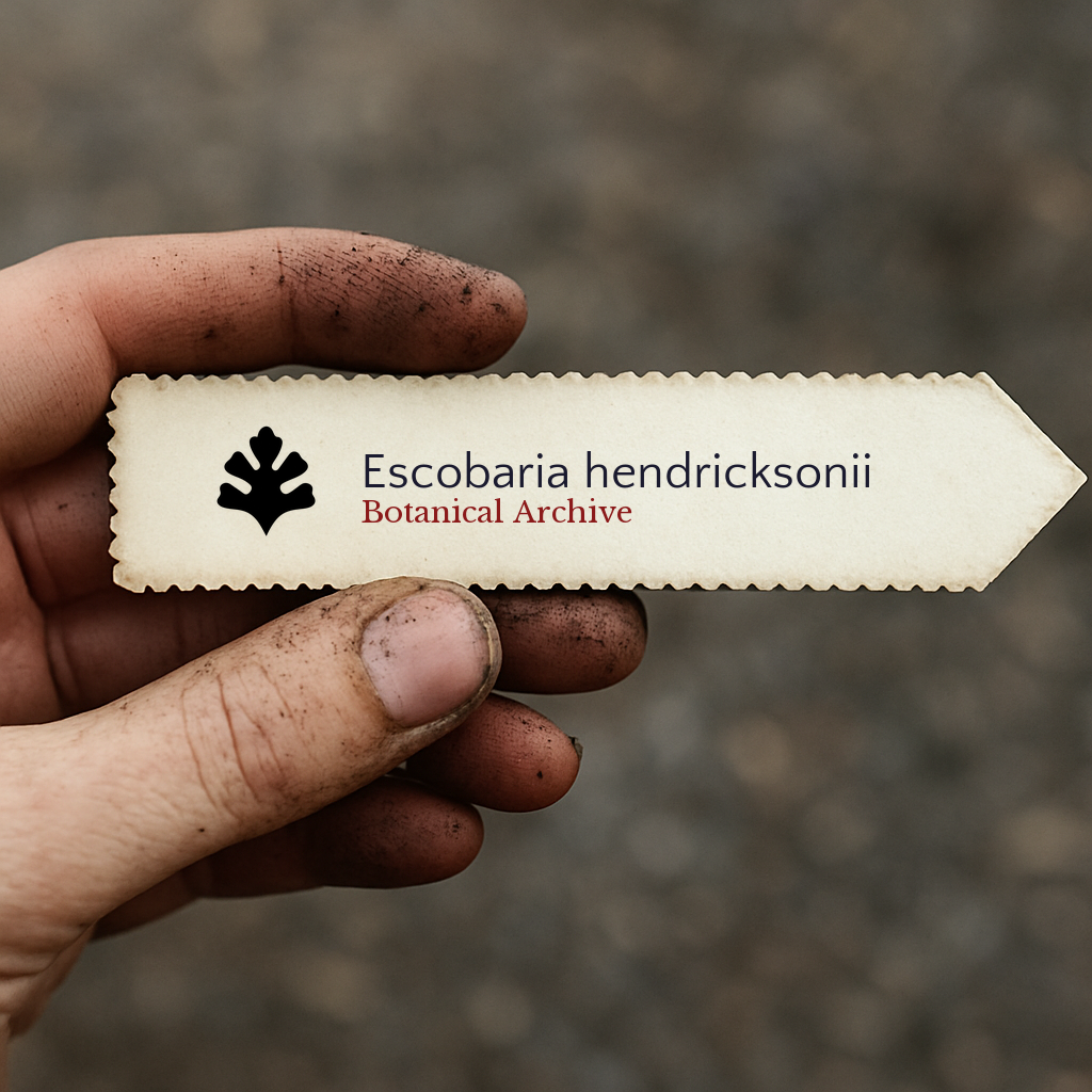 Etichetta vegetale stampata per Escobaria hendricksonii tenuta da una mano sporca all'aperto