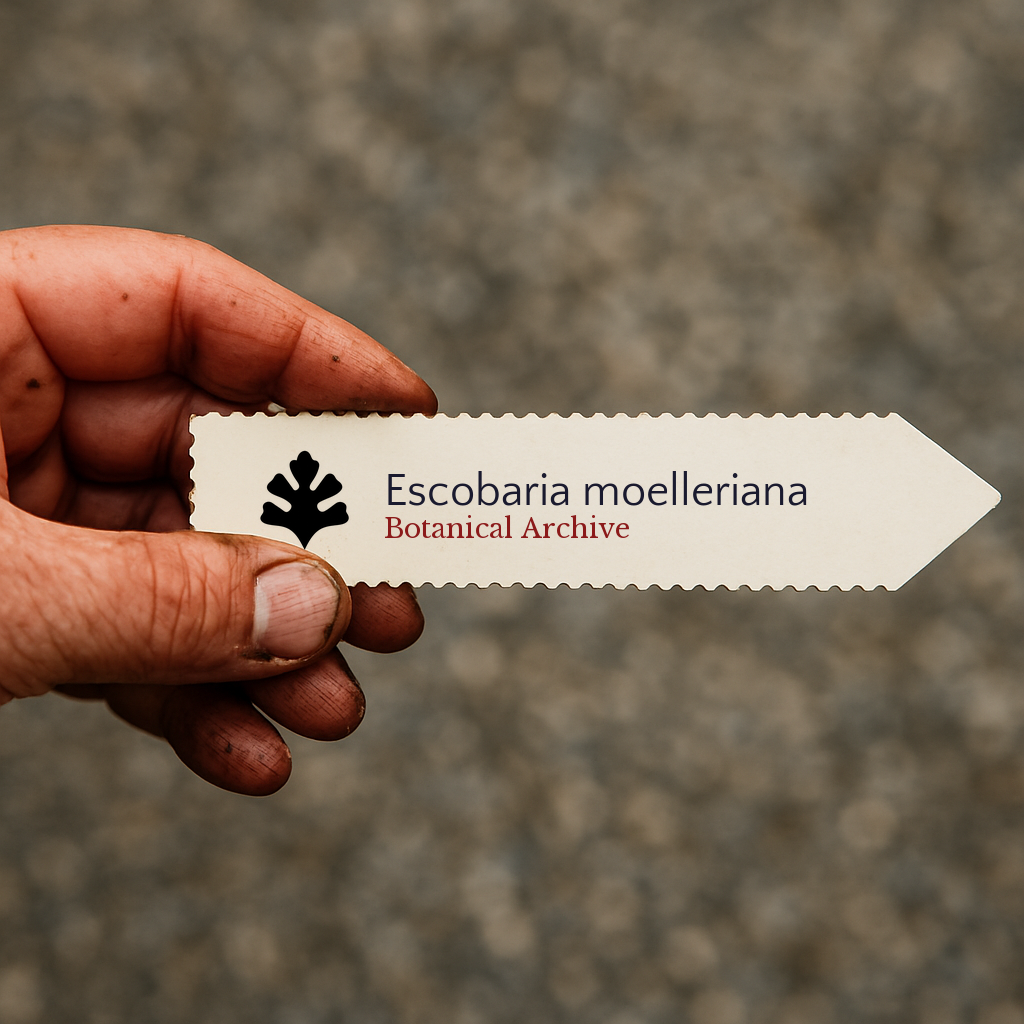 Printed plant label for Escobaria moelleriana held by hand with dirt background