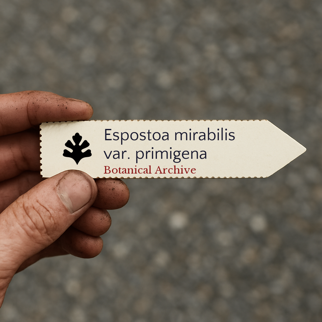 Etichetta stampata per pianta di Espostoa mirabilis var. primigena tenuta a mano con sfondo di terra