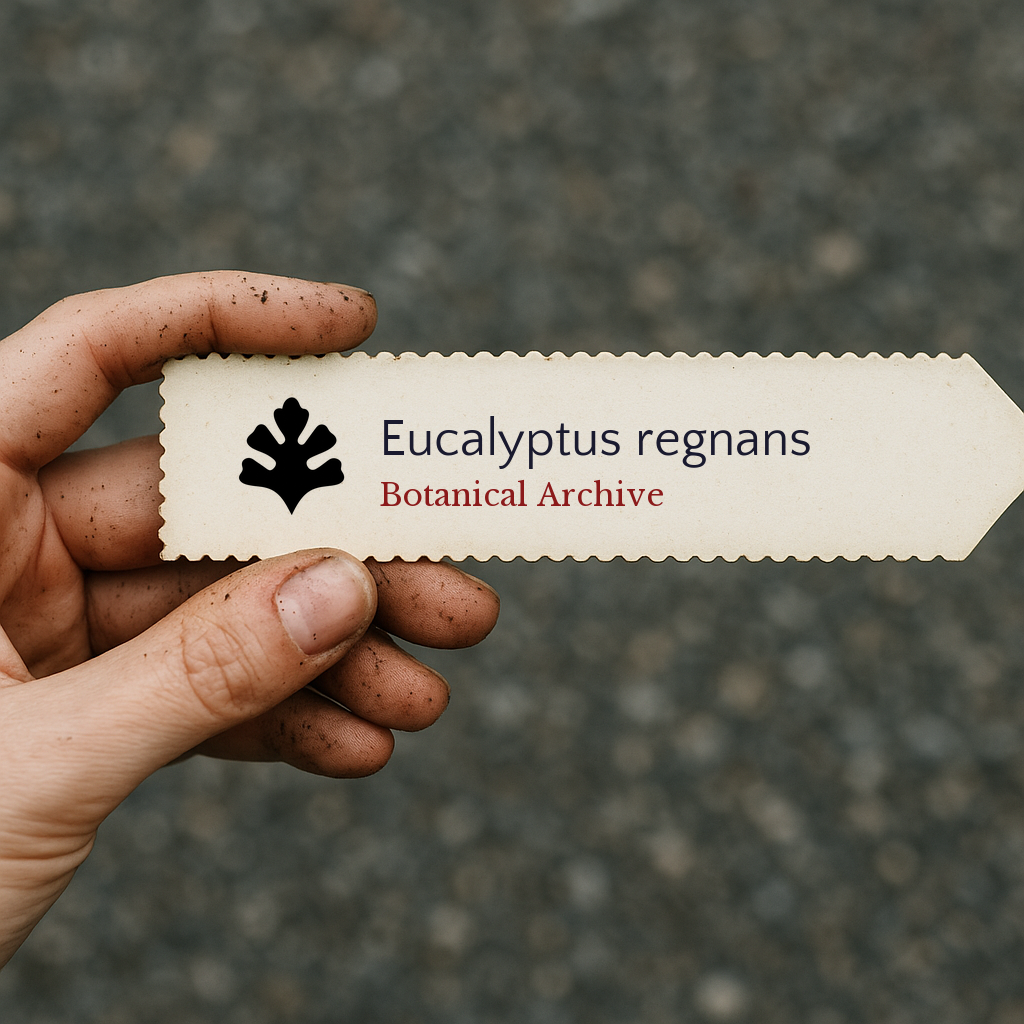 Printed plant label for Eucalyptus regnans held by hand with soil on fingers