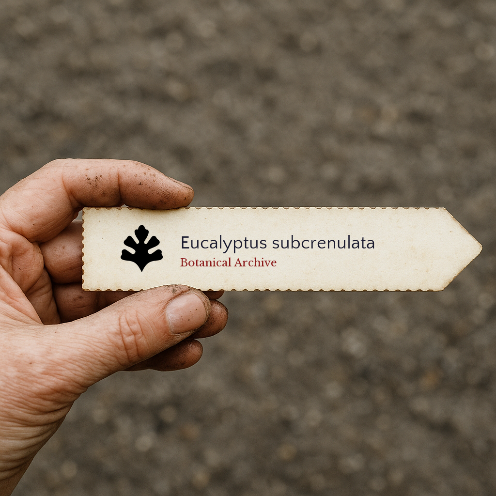 Printed plant label for Eucalyptus subcrenulata held by hand with soil background