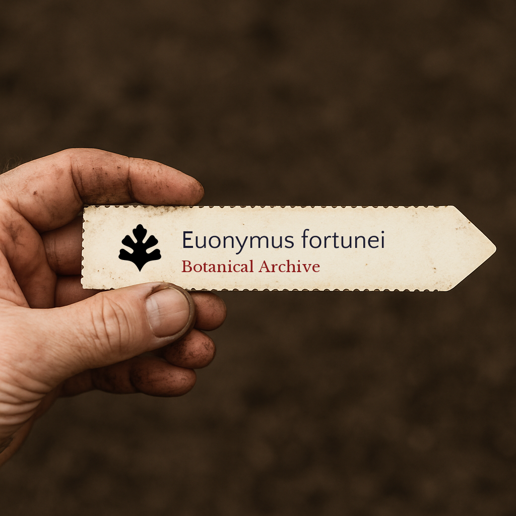 Printed plant label for Euonymus fortunei held by dirty hand over soil background