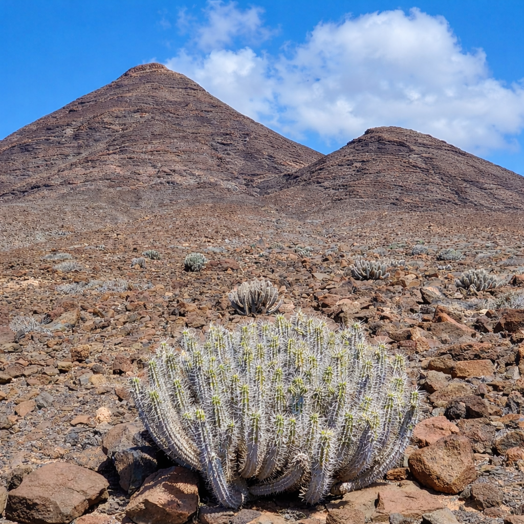 Euphorbia handiensis rara succulentа con steli spinosi segmentati in paesaggio roccioso arido