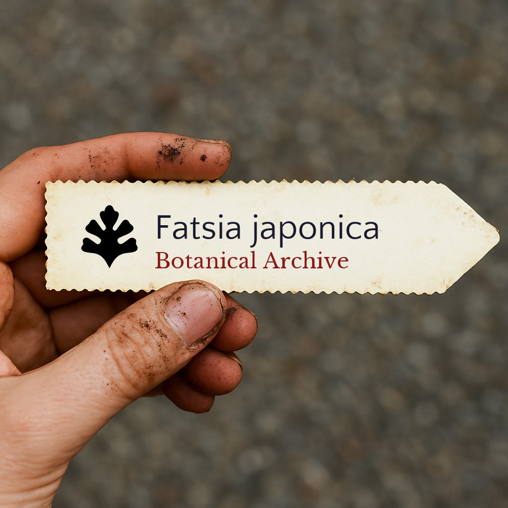 Etichetta per piante stampata per Fatsia japonica tenuta in mano con dita macchiate di terra
