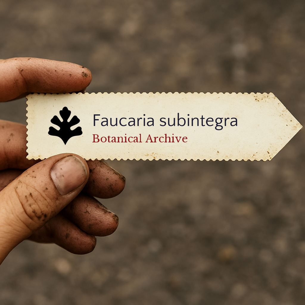 Printed plant label for Faucaria subintegra held by dirty hand outdoors
