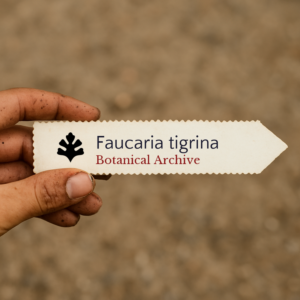 Printed plant label for Faucaria tigrina with botanical archive logo held by hand