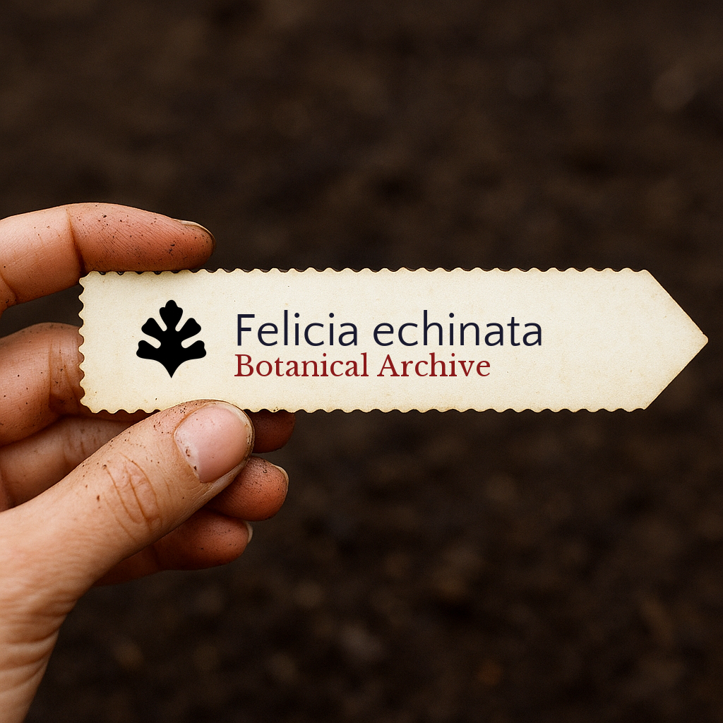 Printed plant label for Felicia echinata held over soil background