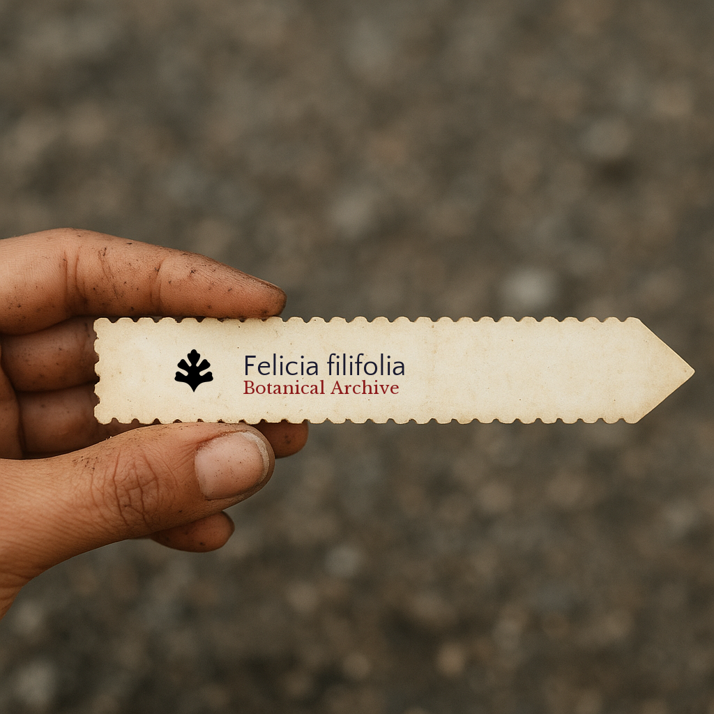Printed plant label for Felicia filifolia held by dirty hand outdoors