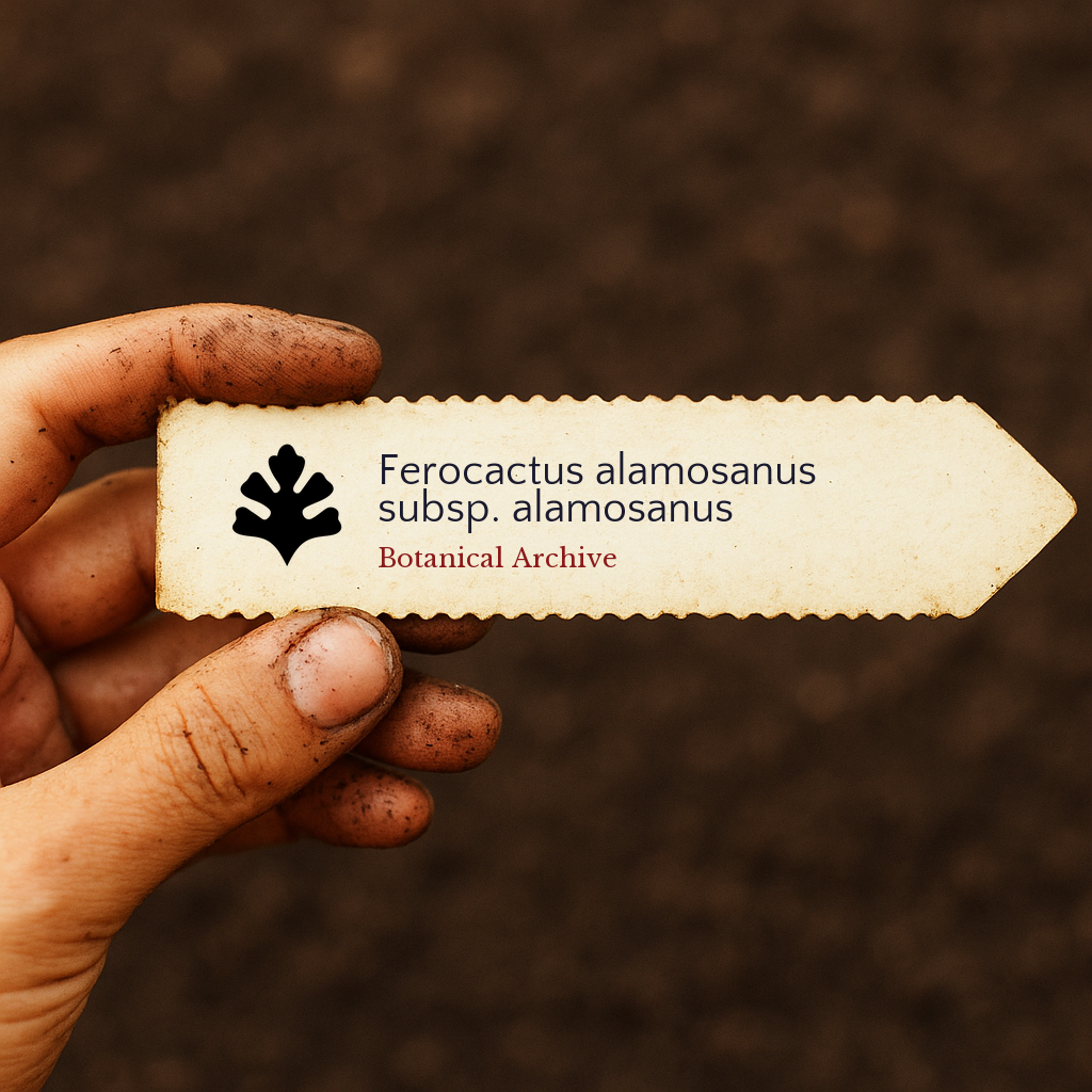 Printed plant label for Ferocactus alamosanus subsp. alamosanus held by dirty hand over soil background