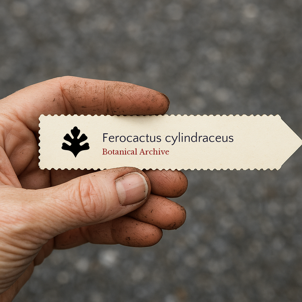 Printed plant label for Ferocactus cylindraceus held by dirty hand outdoors