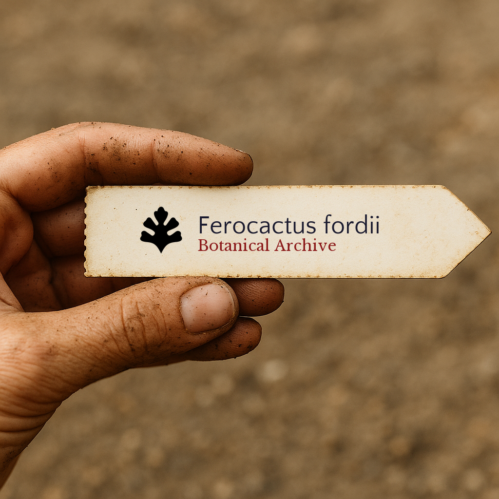 Printed plant label for Ferocactus fordii held by a dirty hand outdoors