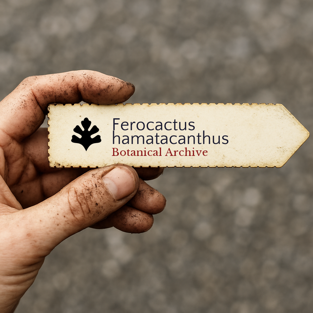 Etichetta stampata per pianta di Ferocactus hamatacanthus con logo Botanical Archive tenuta da mano sporca