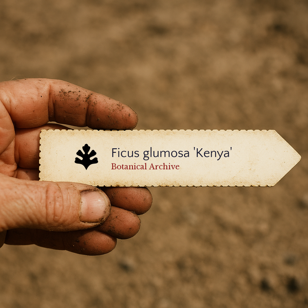 Printed plant label for Ficus glumosa 'Kenya' held by dirty hand over soil background