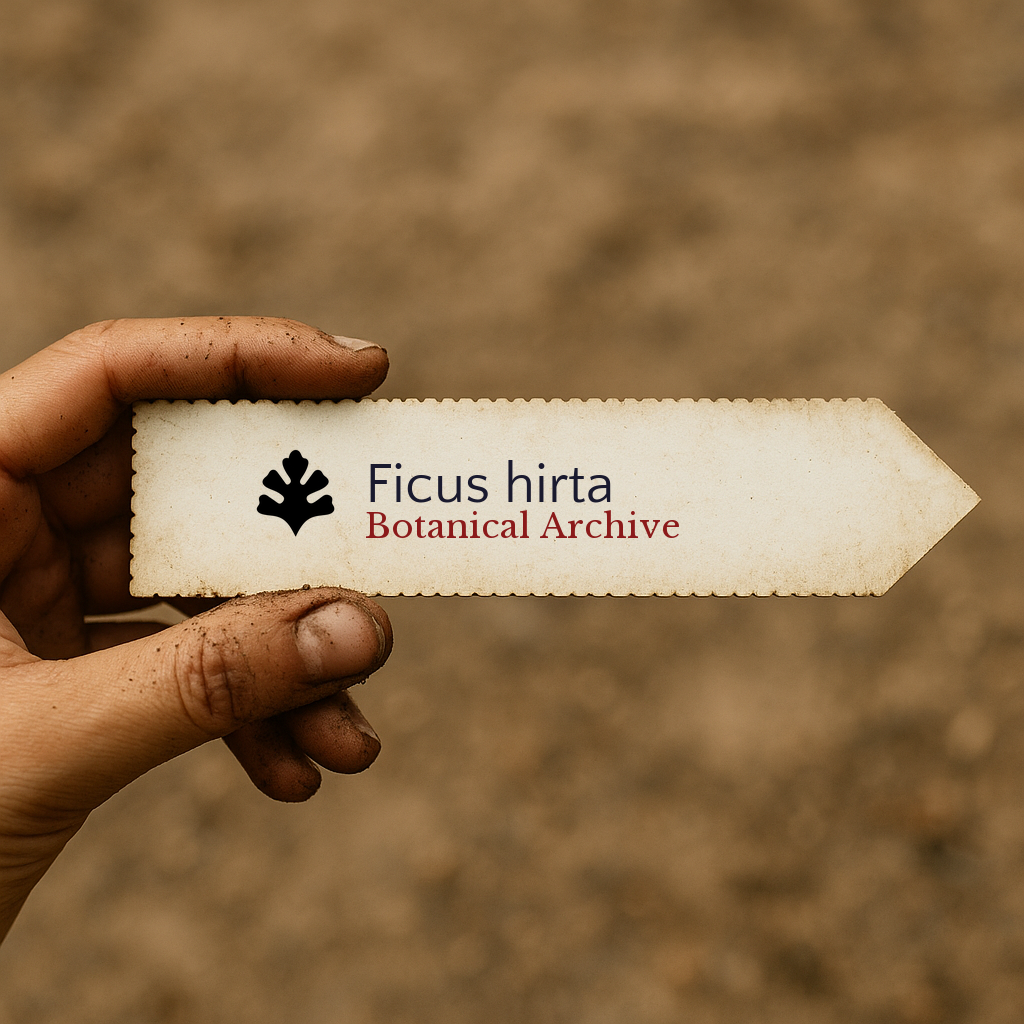 Printed plant label for Ficus hirta held by hand with soil background