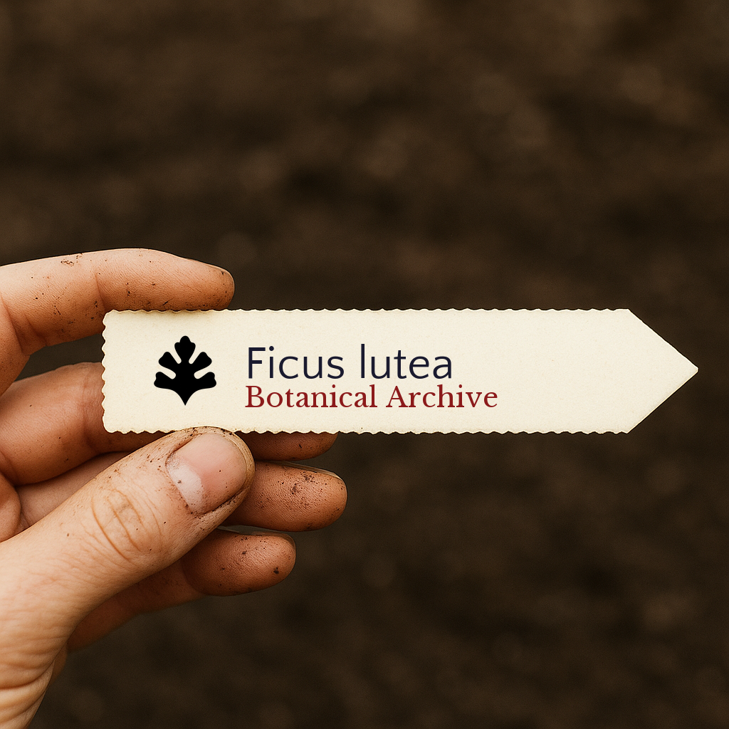 Printed plant label for Ficus lutea held by hand with soil background