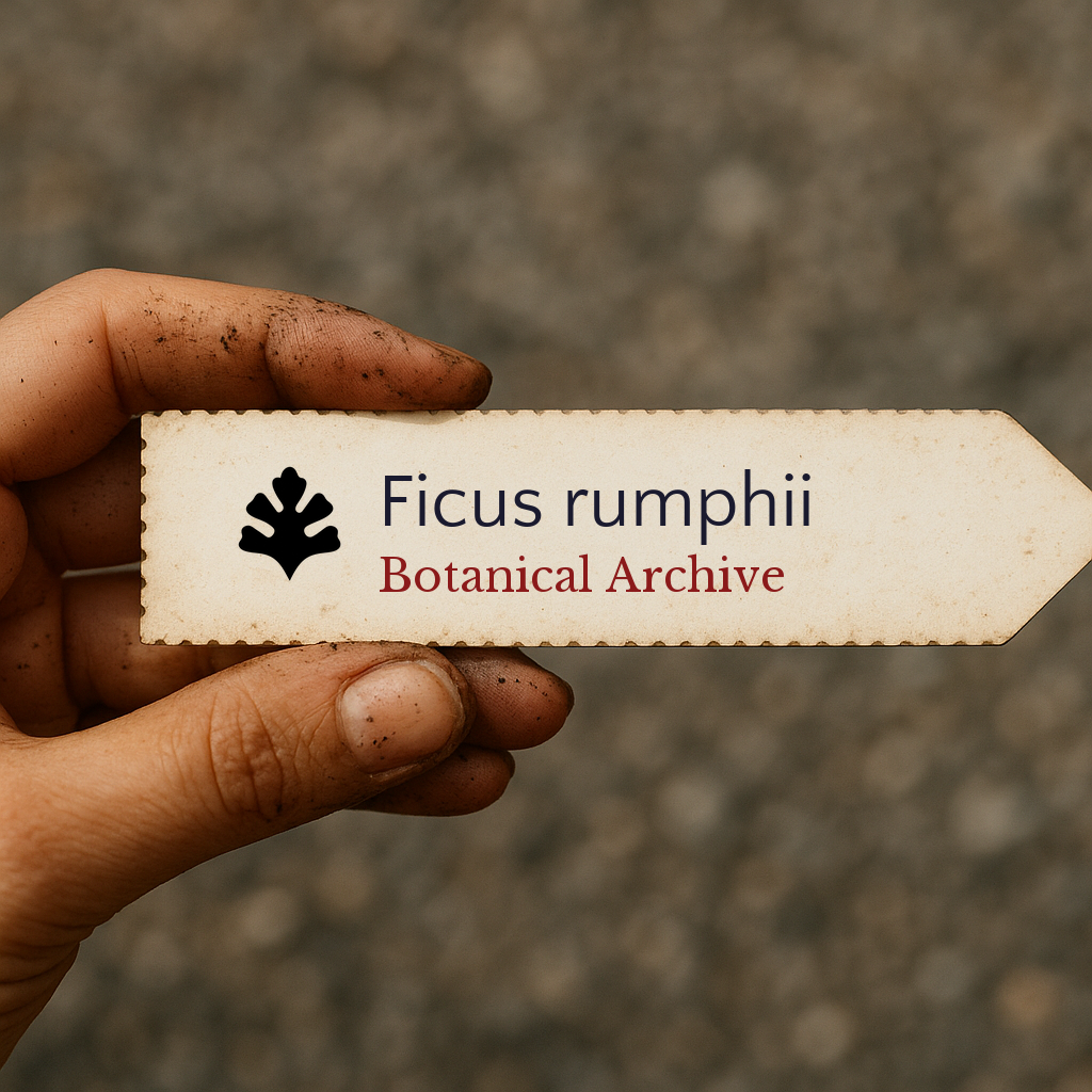 Printed plant label for Ficus rumphii held by hand with dirt on fingers