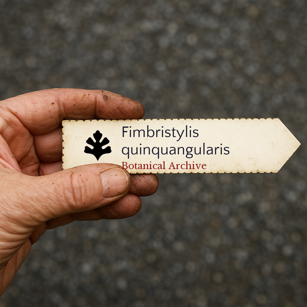 Etichetta per piante portatile stampata per Fimbristylis quinquangularis con il logo Botanical Archive