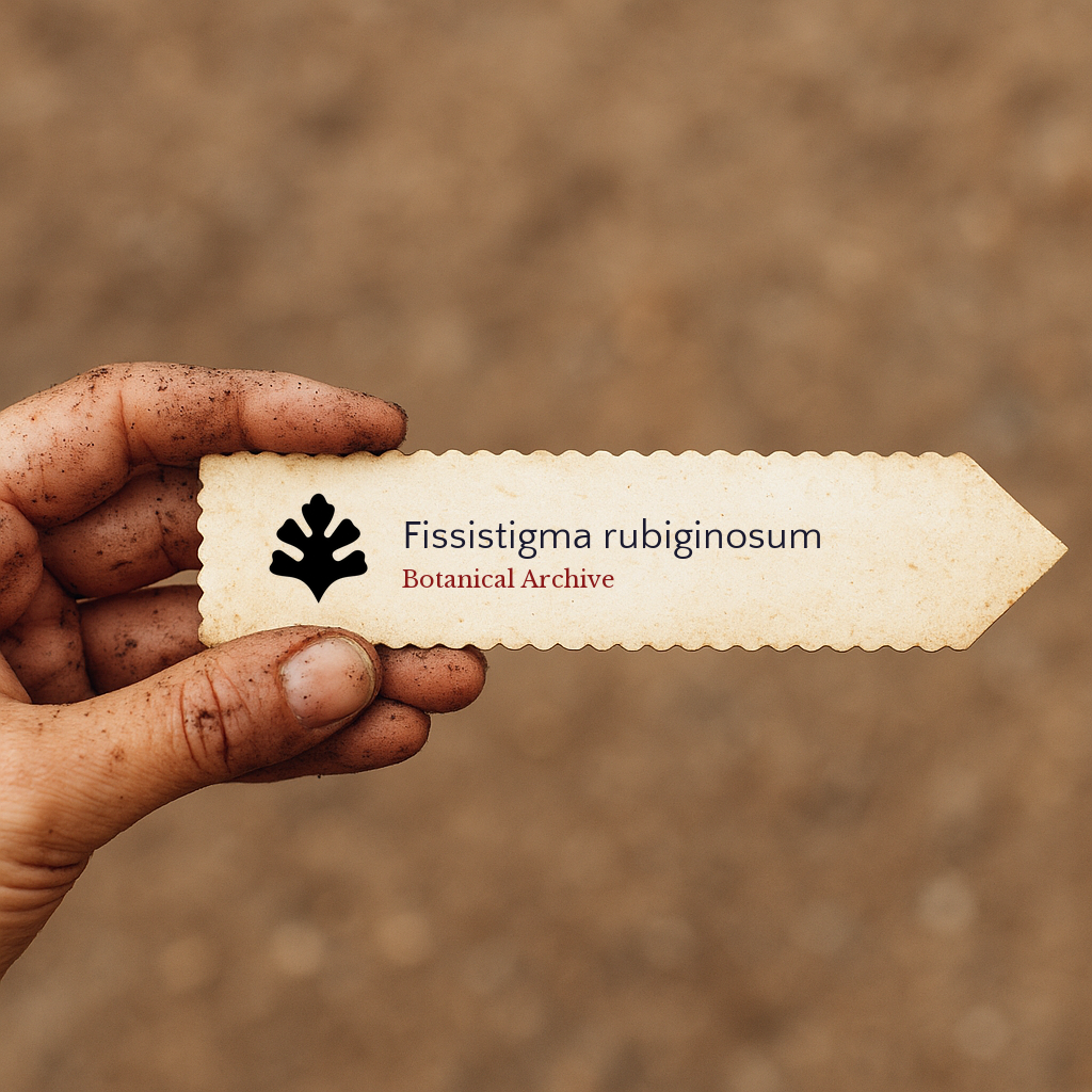 Cartellino per pianta stampato per Fissistigma rubiginosum tenuto da mano sporca all'aperto