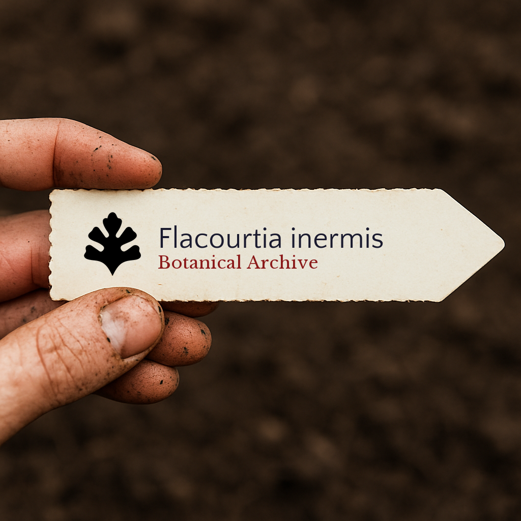Etichetta stampata della pianta per Flacourtia inermis tenuta da una mano sporca su sfondo di terreno