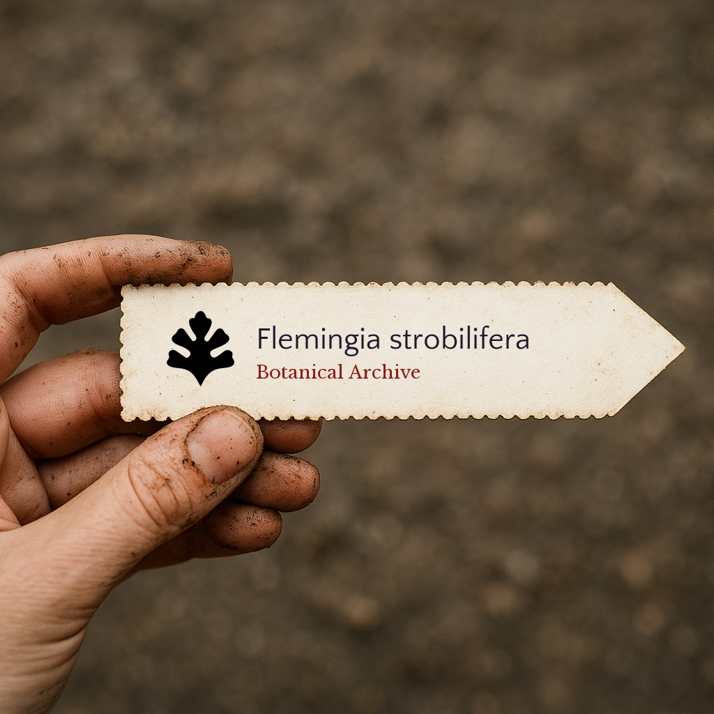 Printed plant label for Flemingia strobilifera held by dirty hand over soil background