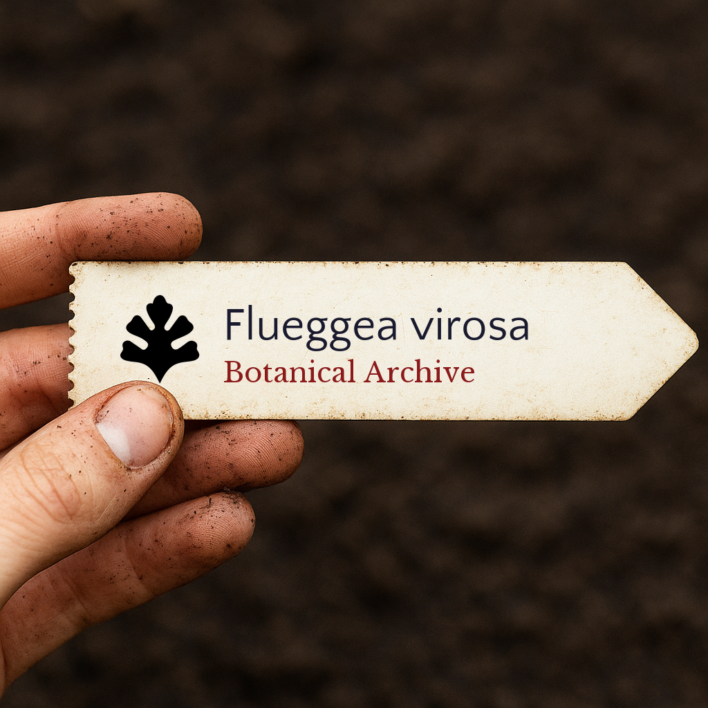 Printed plant label for Flueggea virosa held over soil background