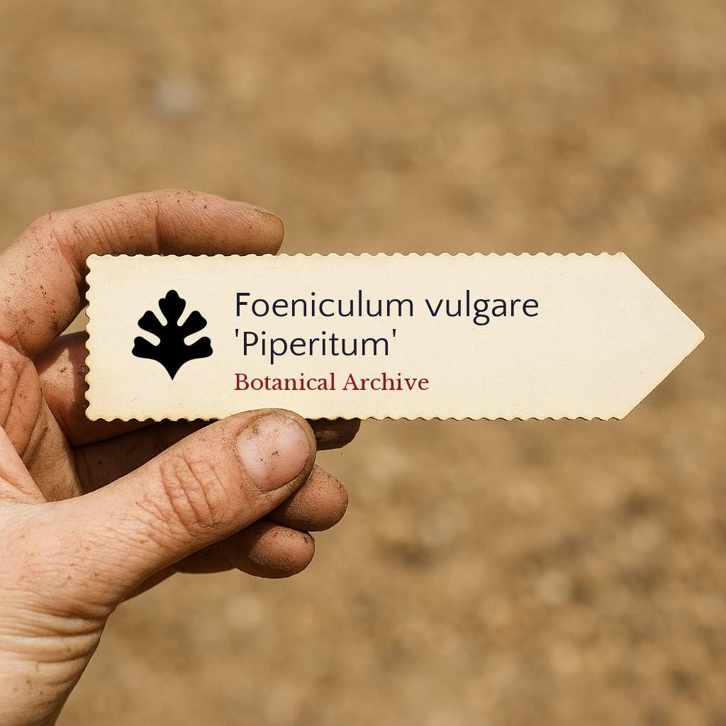 Etichetta da pianta stampata per Foeniculum vulgare 'Piperitum' tenuta a mano con sfondo di terra