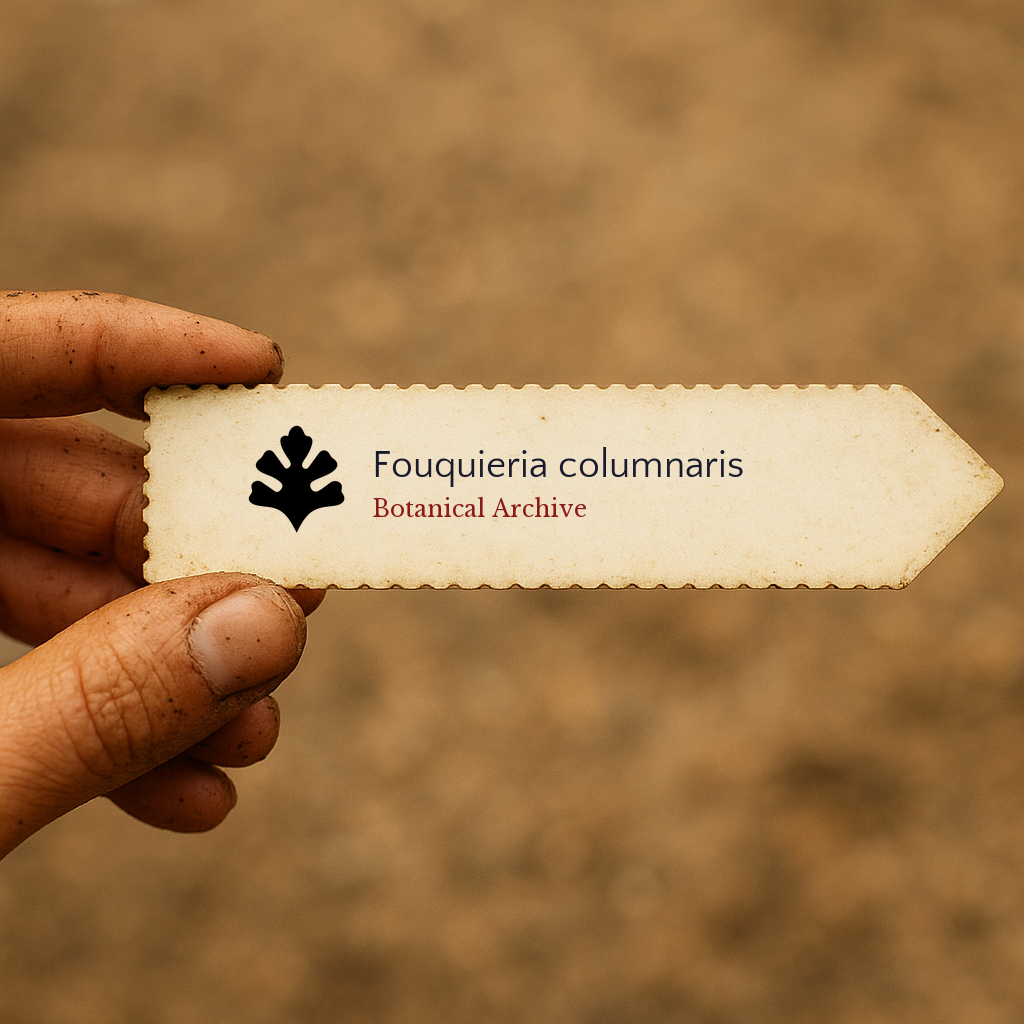 Handheld vintage botanical archive label for Fouquieria columnaris with leaf icon