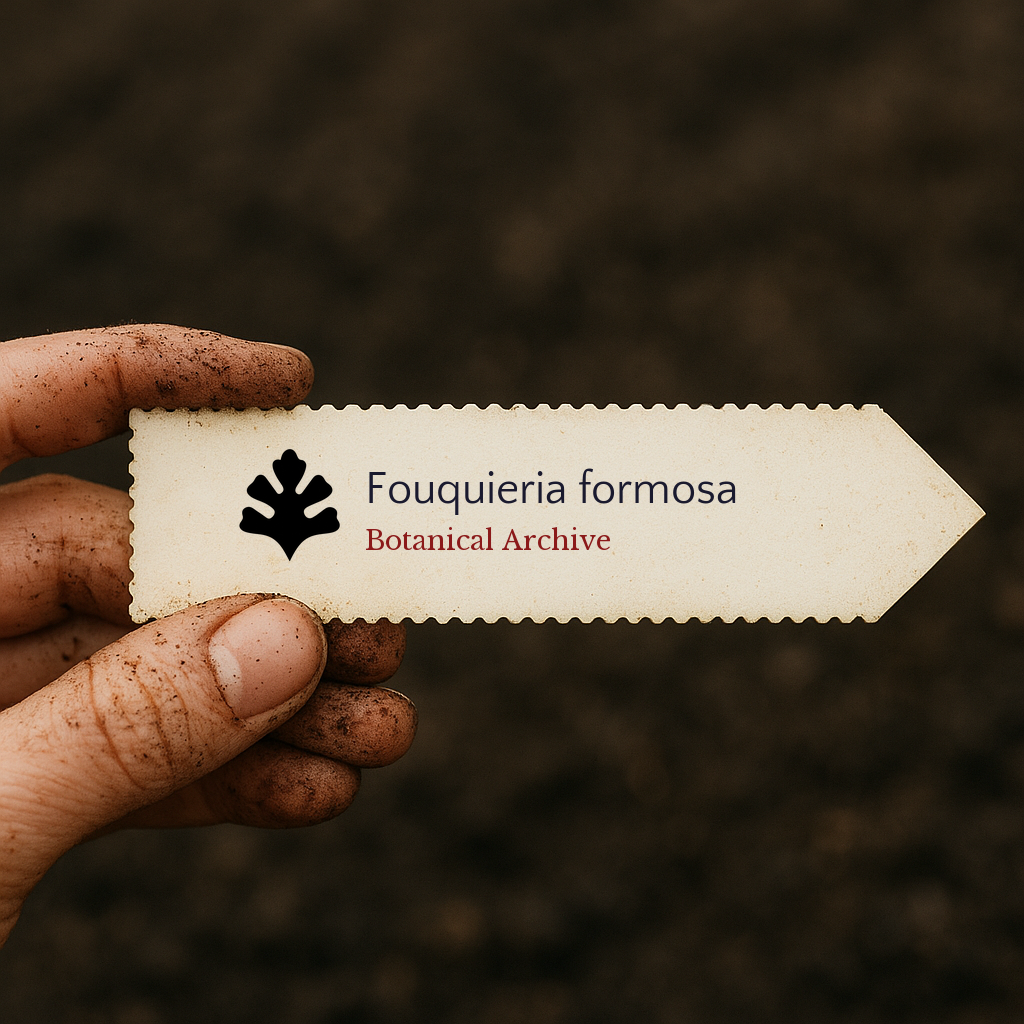 Etichetta per pianta stampata per Fouquieria formosa tenuta da mano sporca con sfondo di terreno