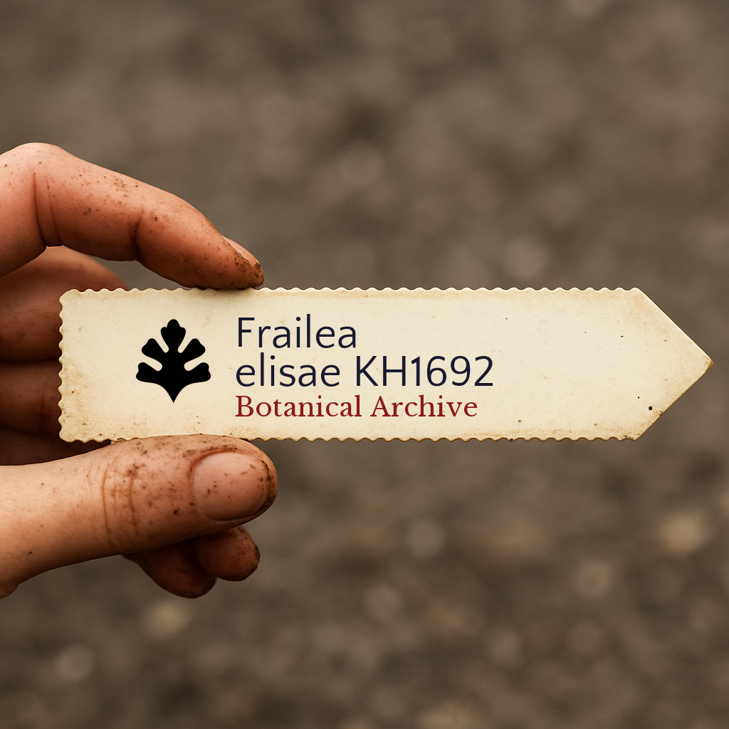 Etichetta stampata per pianta Frailea elisae KH1692 tenuta a mano con sfondo di terra
