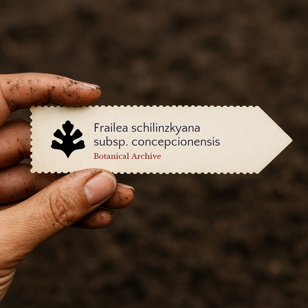 Printed plant label for Frailea schilinzkyana subsp. concepcionensis held over soil background
