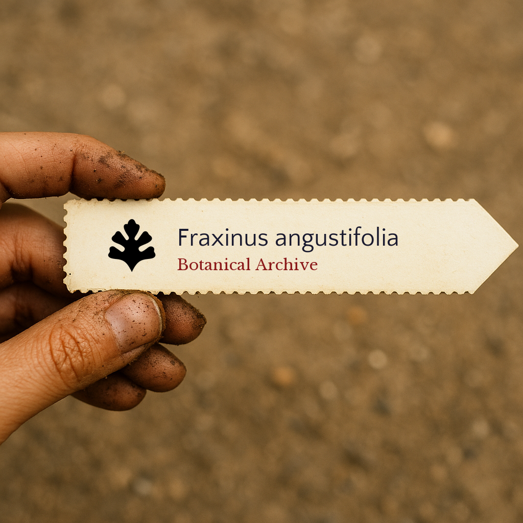 Etichetta per piante stampata per Fraxinus angustifolia tenuta da mano sporca su sfondo di terreno