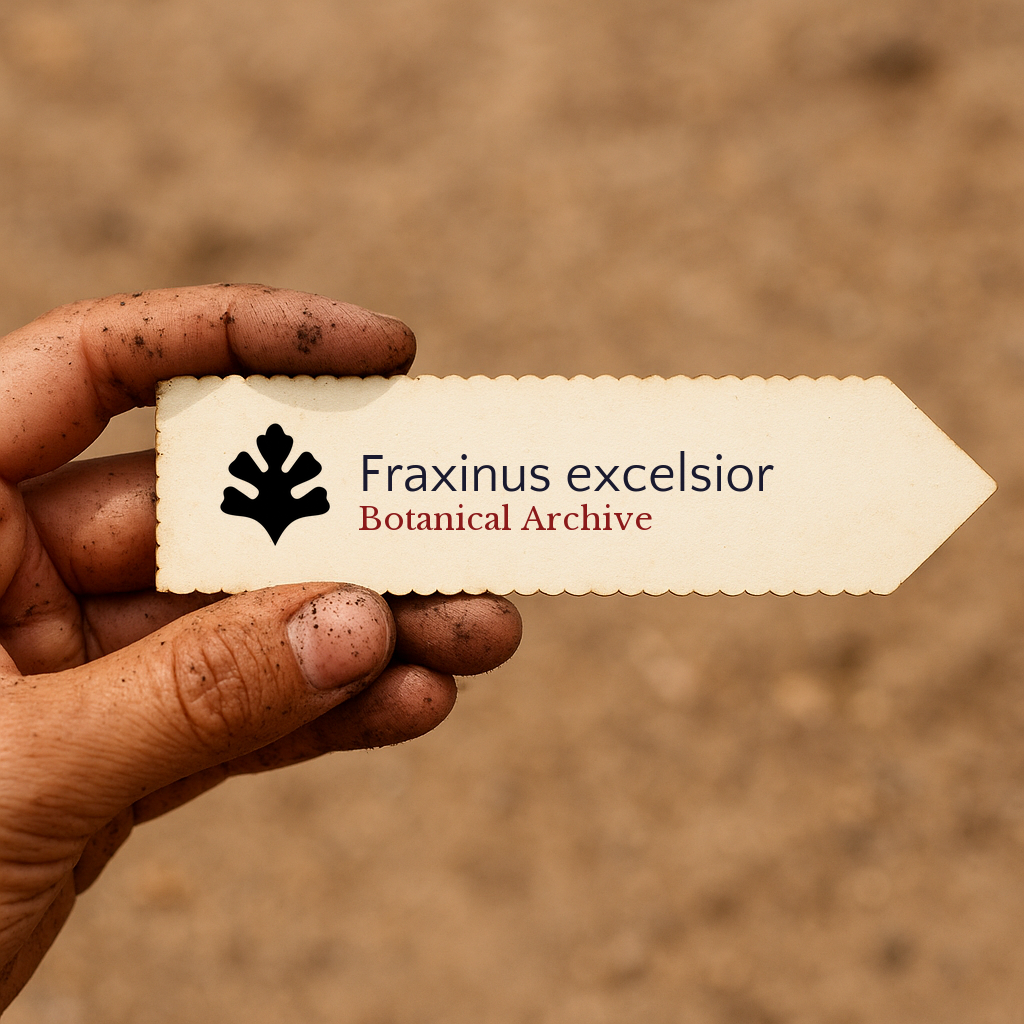 Printed plant label for Fraxinus excelsior held by dirty hand with blurred soil background