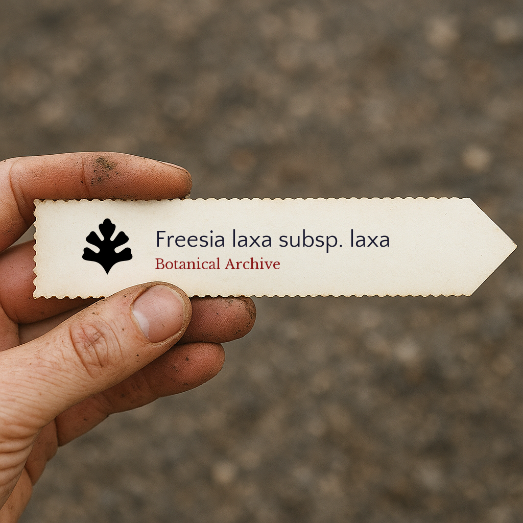 Printed plant label for Freesia laxa subsp. laxa held by hand with soil background