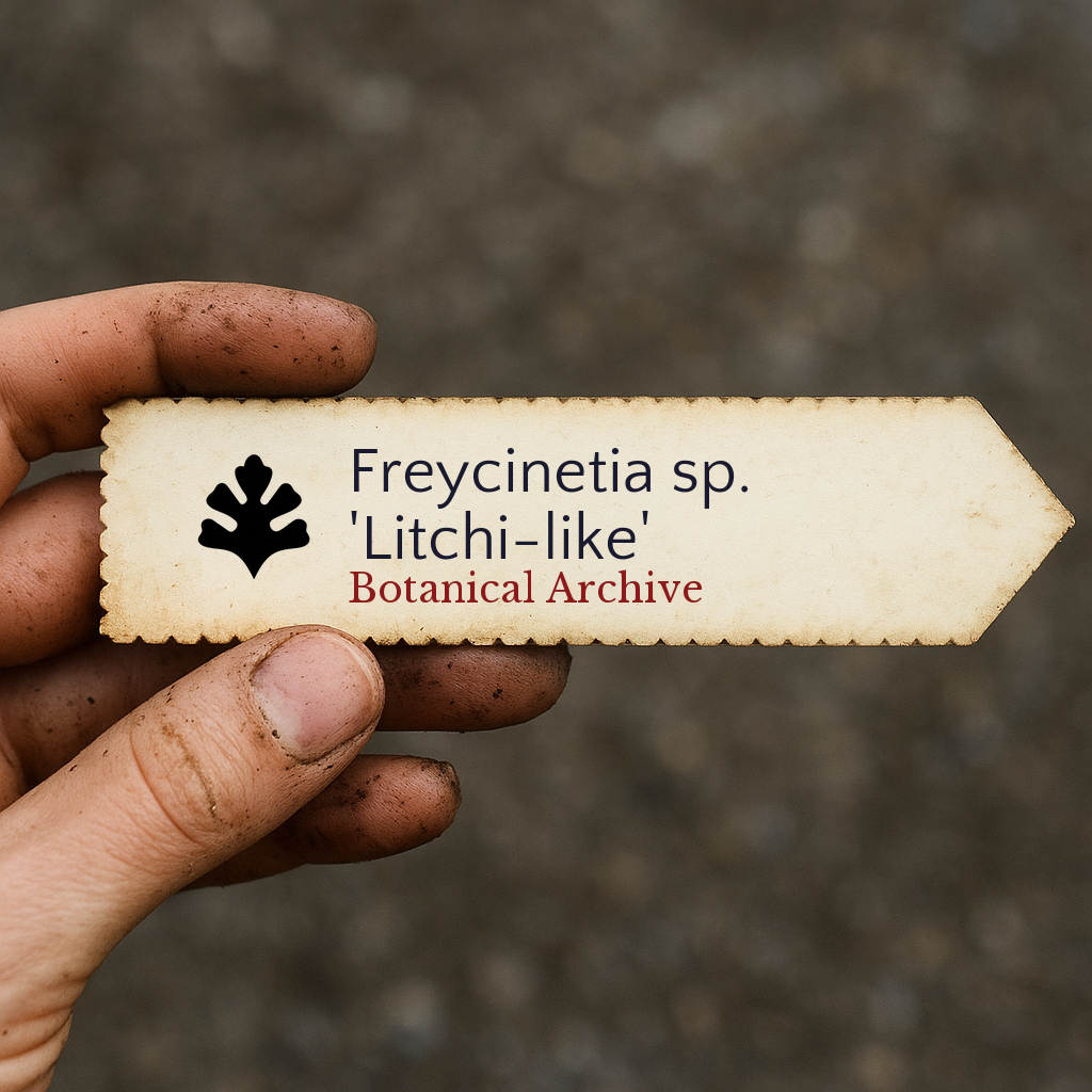 Printed plant label for Freycinetia sp. 'Litchi-like' held by dirty hand outdoors