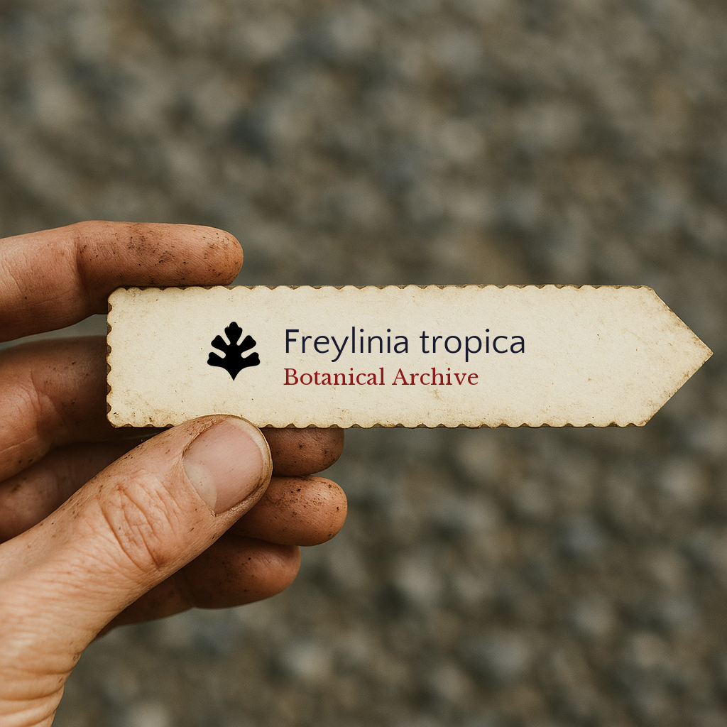 Printed plant label for Freylinia tropica held by hand with soil on fingers